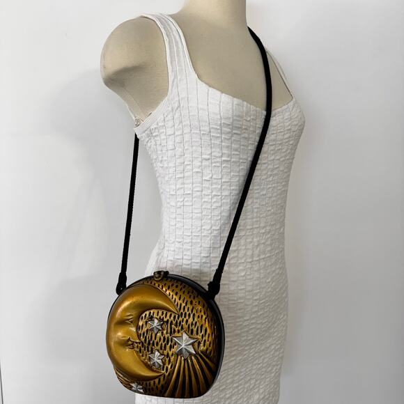 Timmy Woods Stars and Moon Wood Clutch Minaudiere Crossbody Bag Gold Black - Picture 4 of 14